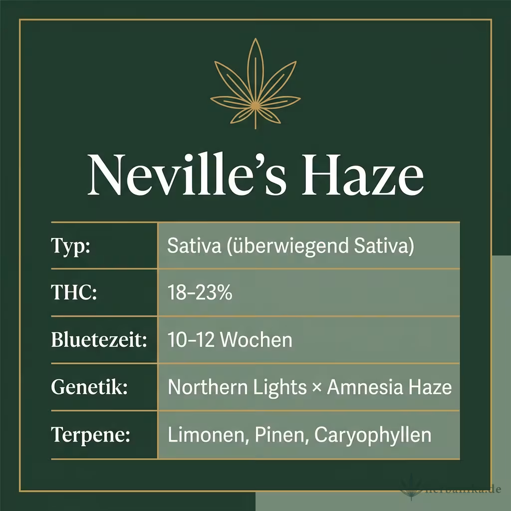 Infografik mit Neville's Haze Key Facts: Typ Sativa (überwiegend Sativa), THC 18-23%, Bluetezeit 10-12 Wochen, Genetik Northern Lights × Amnesia Haze und Terpene Limonen, Pinen, Caryophyllen