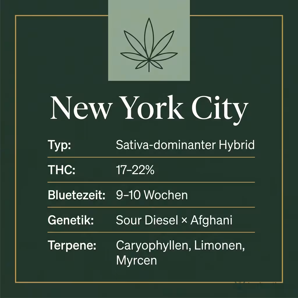 Infografik mit New York City Key Facts: Typ Sativa-dominanter Hybrid, THC 17-22%, Bluetezeit 9-10 Wochen, Genetik Sour Diesel × Afghani und Terpene Caryophyllen, Limonen, Myrcen