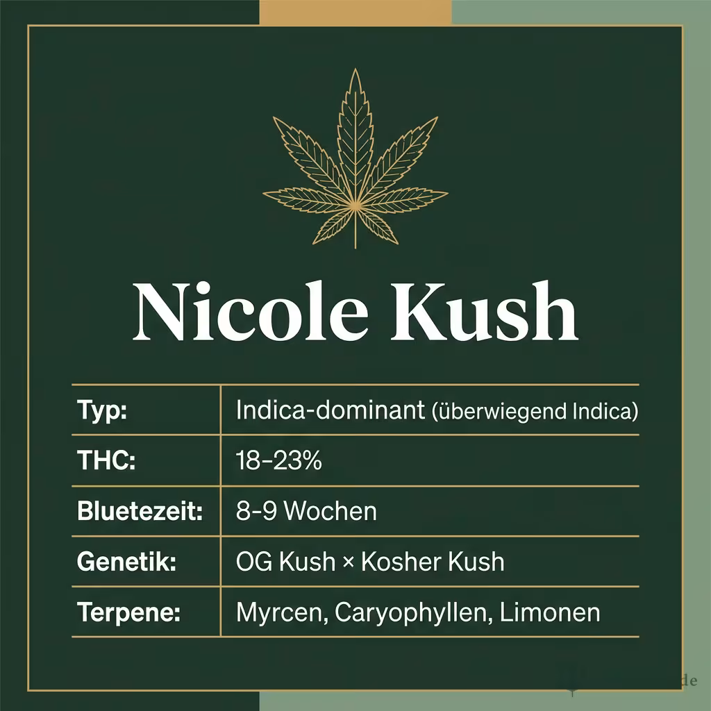 Infografik mit Nicole Kush Key Facts: Typ Indica-dominant (überwiegend Indica), THC 18-23%, Bluetezeit 8-9 Wochen, Genetik OG Kush × Kosher Kush und Terpene Myrcen, Caryophyllen, Limonen