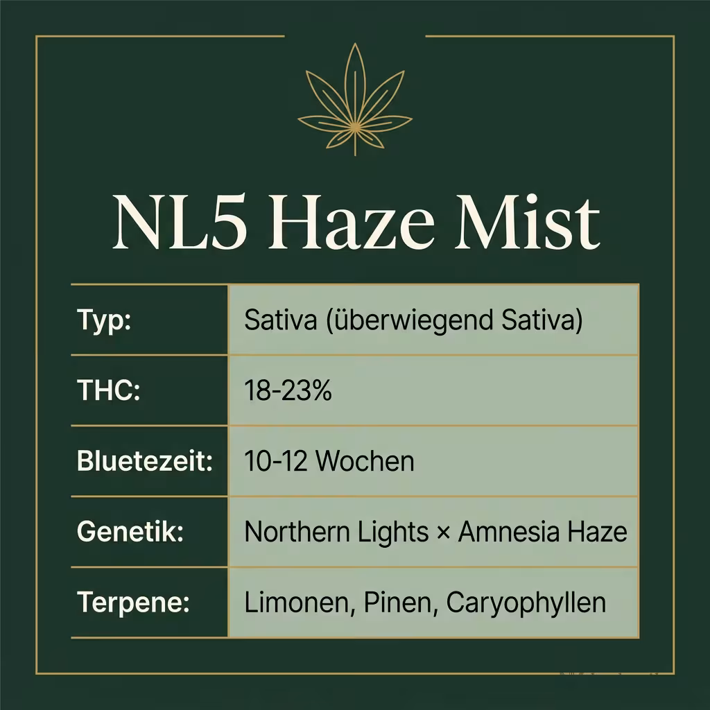 Infografik mit NL5 Haze Mist Key Facts: Typ Sativa (überwiegend Sativa), THC 18-23%, Bluetezeit 10-12 Wochen, Genetik Northern Lights × Amnesia Haze und Terpene Limonen, Pinen, Caryophyllen