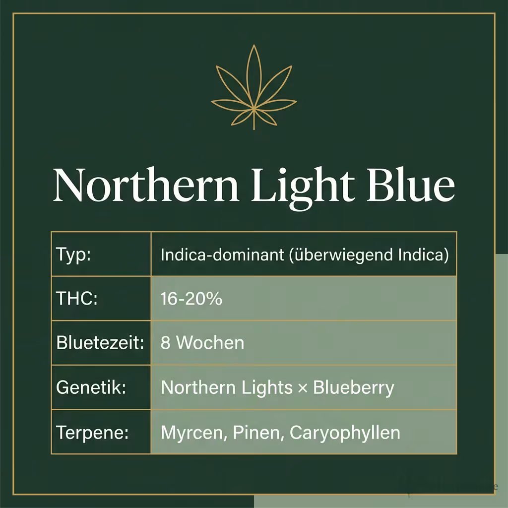 Infografik mit Northern Light Blue Key Facts: Typ Indica-dominant (überwiegend Indica), THC 16-20%, Bluetezeit 8 Wochen, Genetik Northern Lights × Blueberry und Terpene Myrcen, Pinen, Caryophyllen