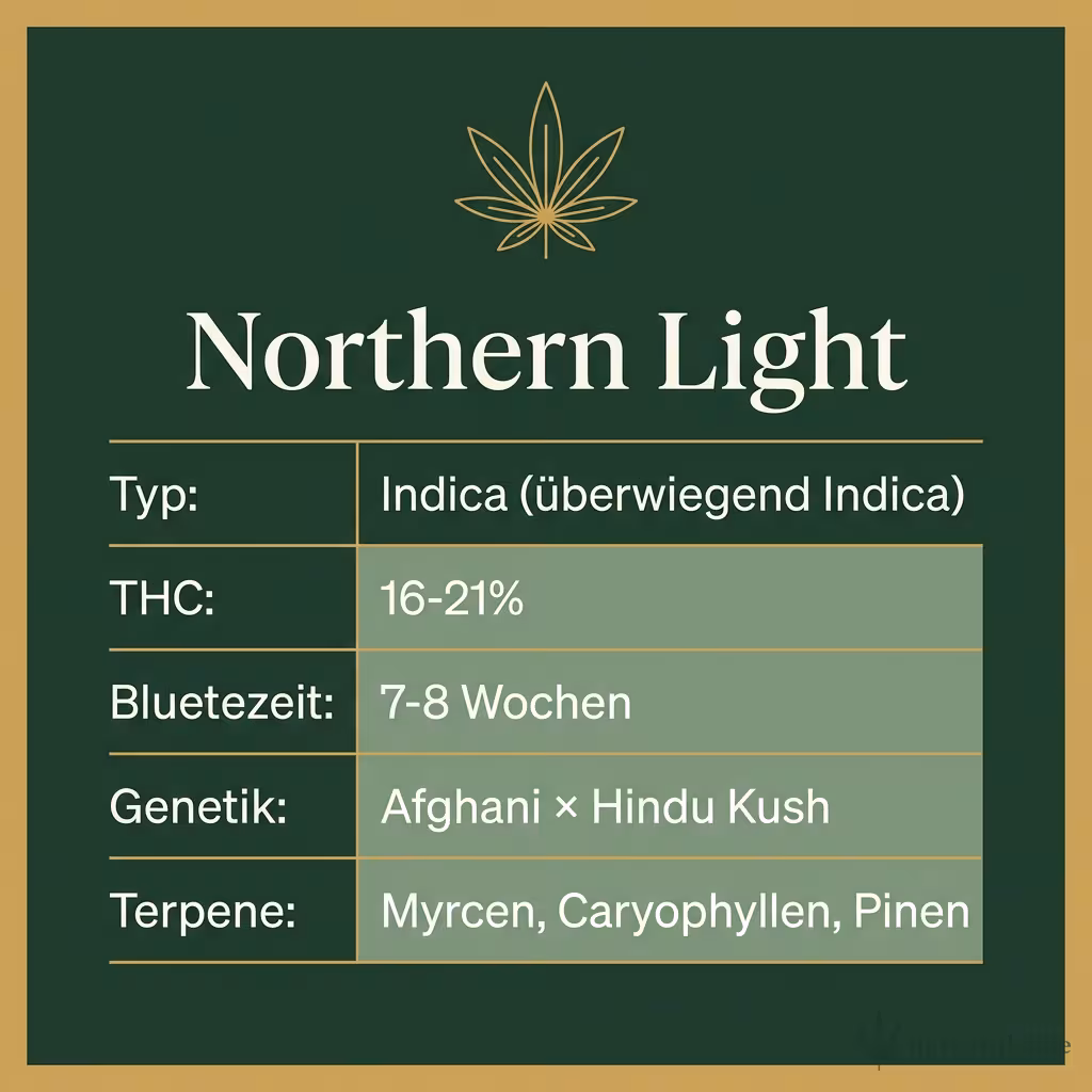Infografik mit Northern Light Key Facts: Typ Indica (überwiegend Indica), THC 16-21%, Bluetezeit 7-8 Wochen, Genetik Afghani × Hindu Kush und Terpene Myrcen, Caryophyllen, Pinen