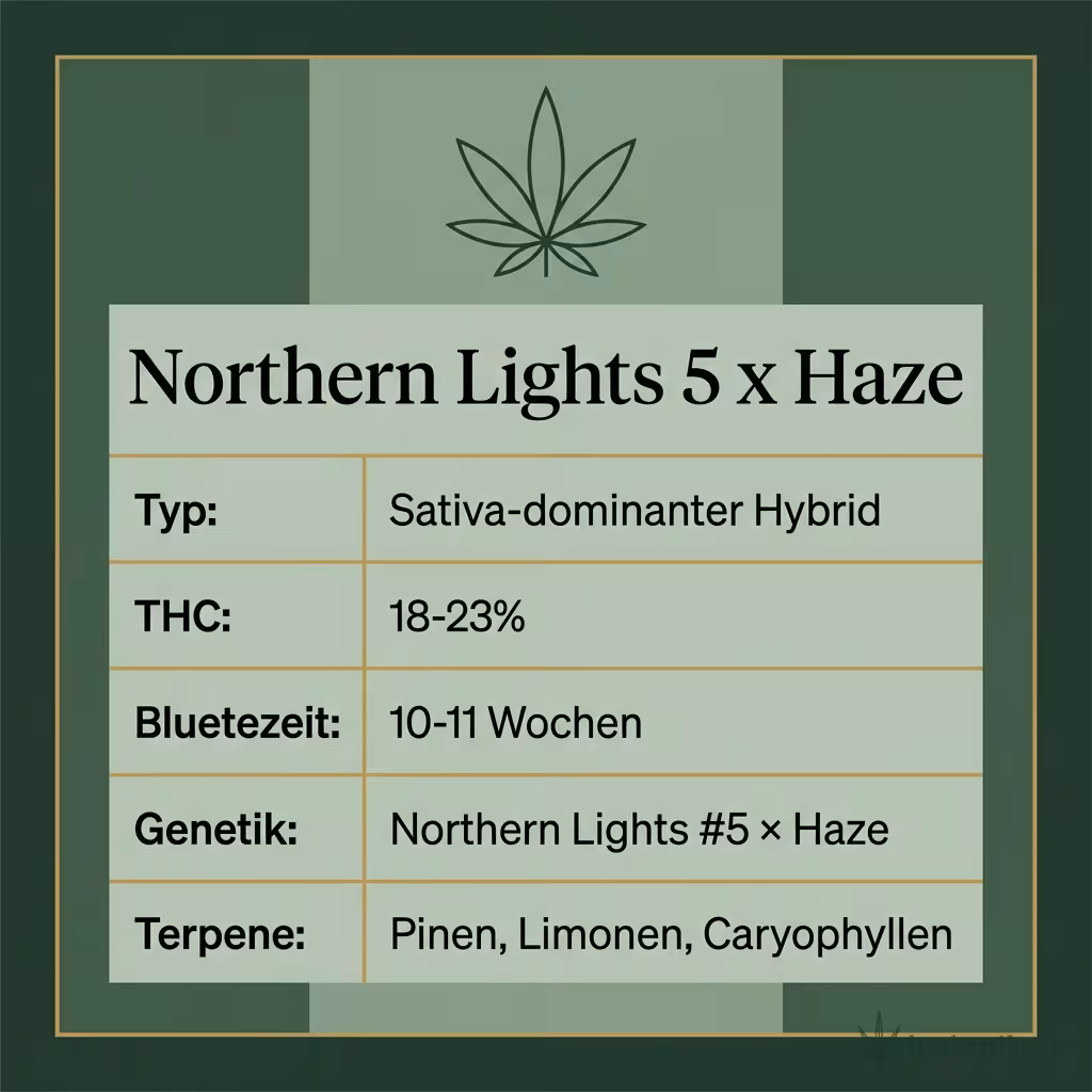Infografik mit Northern Lights 5 x Haze Key Facts: Typ Sativa-dominanter Hybrid, THC 18-23%, Bluetezeit 10-11 Wochen, Genetik Northern Lights #5 × Haze und Terpene Pinen, Limonen, Caryophyllen