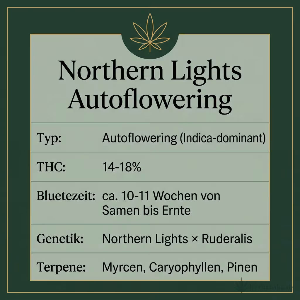 Infografik mit Northern Lights Autoflowering Key Facts: Typ Autoflowering (Indica-dominant), THC 14-18%, Bluetezeit ca. 10-11 Wochen von Samen bis Ernte, Genetik Northern Lights × Ruderalis und Terpene Myrcen, Caryophyllen, Pinen