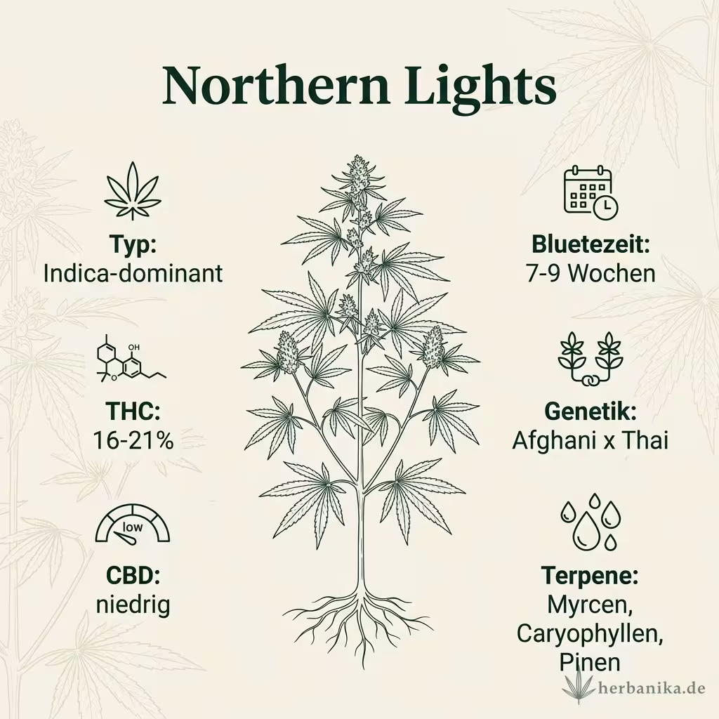 Infografik mit Northern-Lights Key Facts: Typ Indica-dominant, THC 16-21%, Bluetezeit 7-9 Wochen, Genetik Afghani x Thai und Terpene Myrcen, Caryophyllen, Pinen