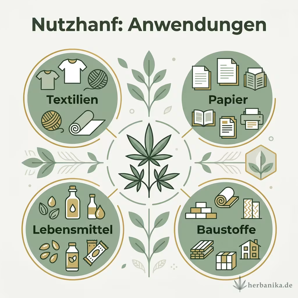 Infografik Nutzhanf-Anwendungen: Textilien, Papier, Baustoffe und Lebensmittel