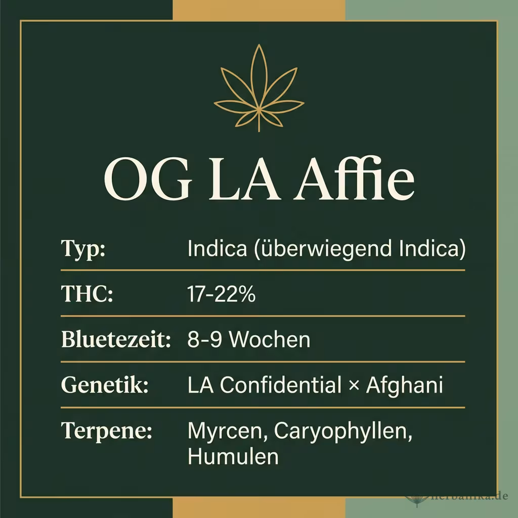 Infografik mit OG LA Affie Key Facts: Typ Indica (überwiegend Indica), THC 17-22%, Bluetezeit 8-9 Wochen, Genetik LA Confidential × Afghani und Terpene Myrcen, Caryophyllen, Humulen