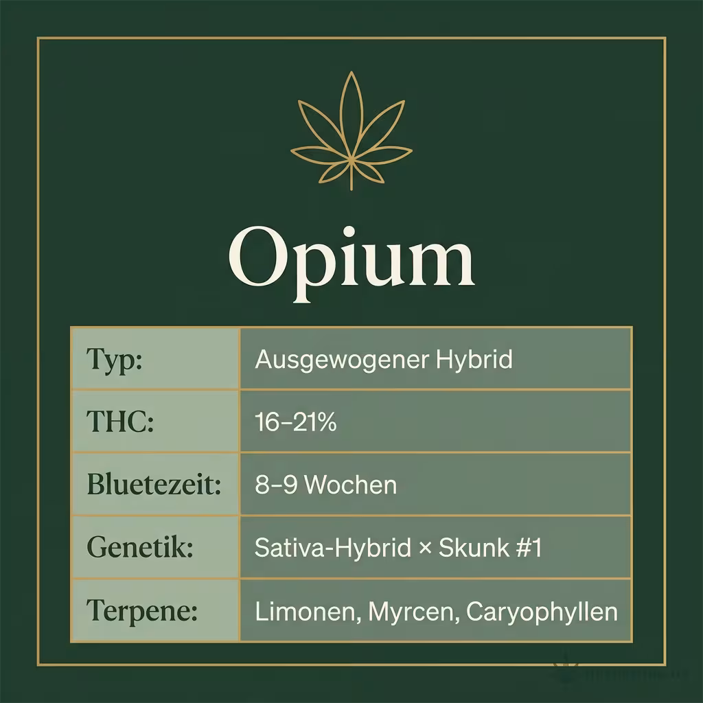 Infografik mit Opium Key Facts: Typ Ausgewogener Hybrid, THC 16-21%, Bluetezeit 8-9 Wochen, Genetik Sativa-Hybrid × Skunk #1 und Terpene Limonen, Myrcen, Caryophyllen