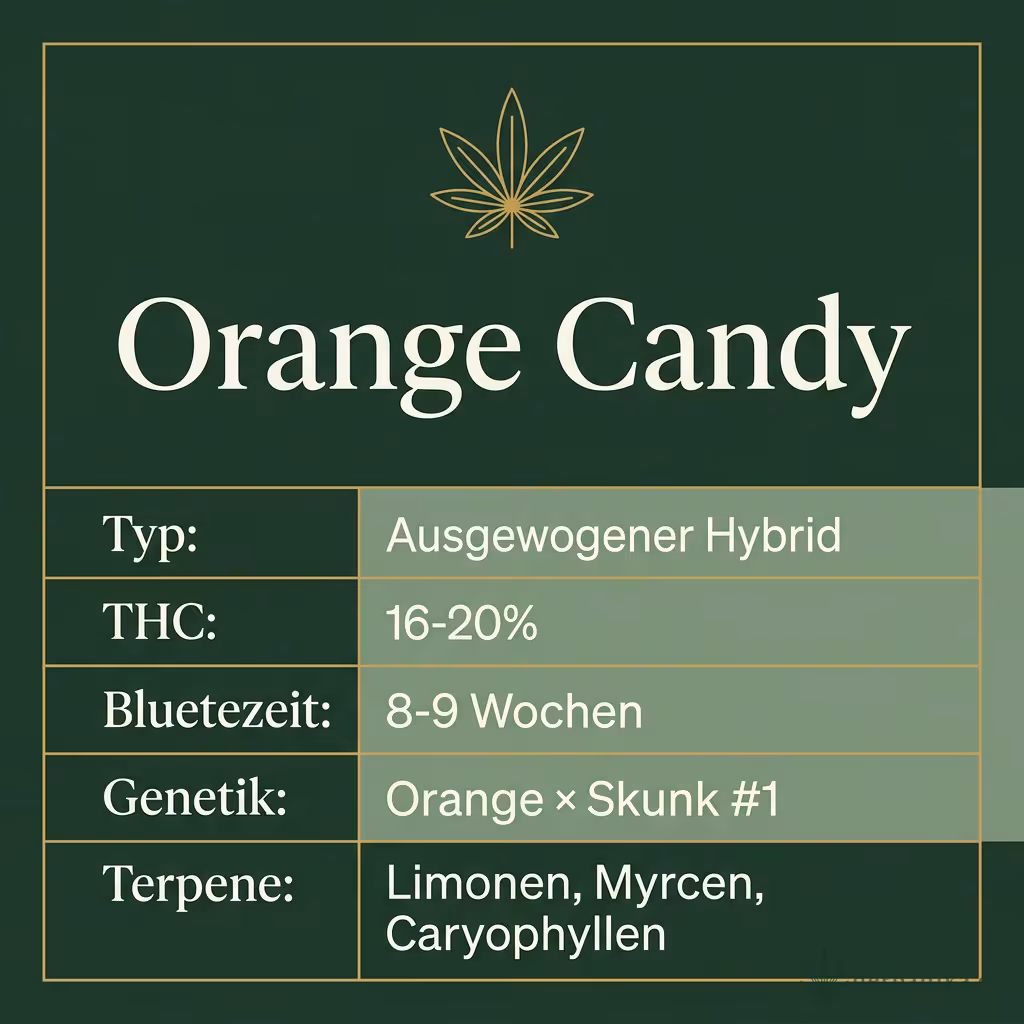 Infografik mit Orange Candy Key Facts: Typ Ausgewogener Hybrid, THC 16-20%, Bluetezeit 8-9 Wochen, Genetik Orange × Skunk #1 und Terpene Limonen, Myrcen, Caryophyllen
