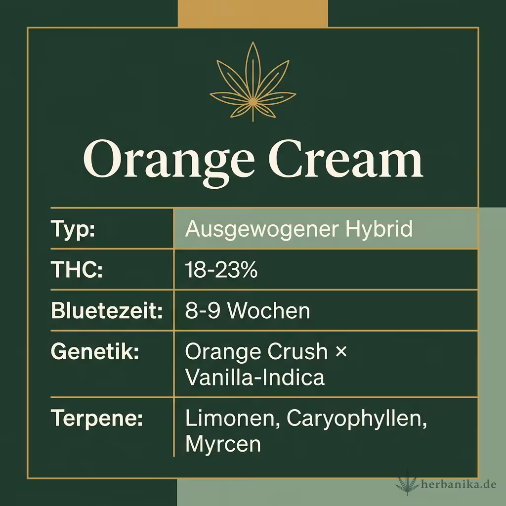 Infografik mit Orange Cream Key Facts: Typ Ausgewogener Hybrid, THC 18-23%, Bluetezeit 8-9 Wochen, Genetik Orange Crush × Vanilla-Indica und Terpene Limonen, Caryophyllen, Myrcen