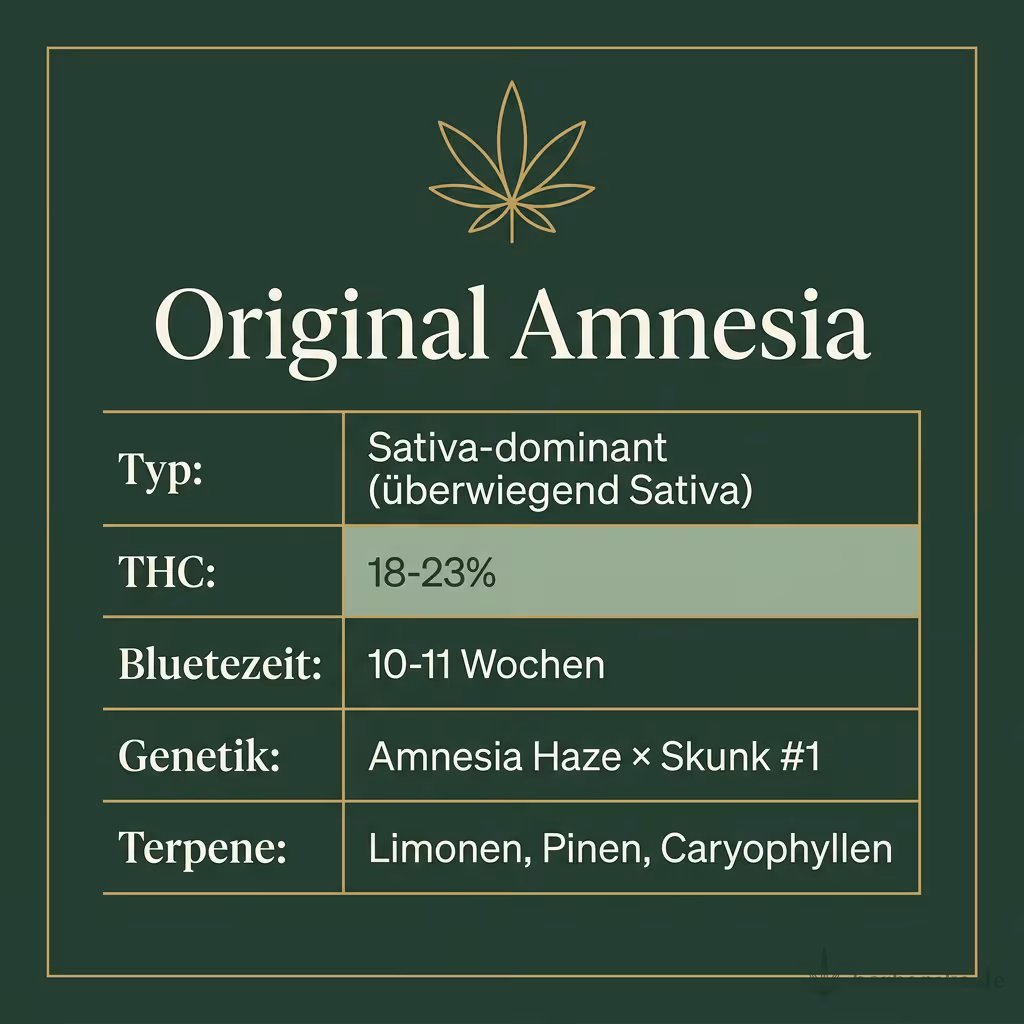 Infografik mit Original Amnesia Key Facts: Typ Sativa-dominant (überwiegend Sativa), THC 18-23%, Bluetezeit 10-11 Wochen, Genetik Amnesia Haze × Skunk #1 und Terpene Limonen, Pinen, Caryophyllen