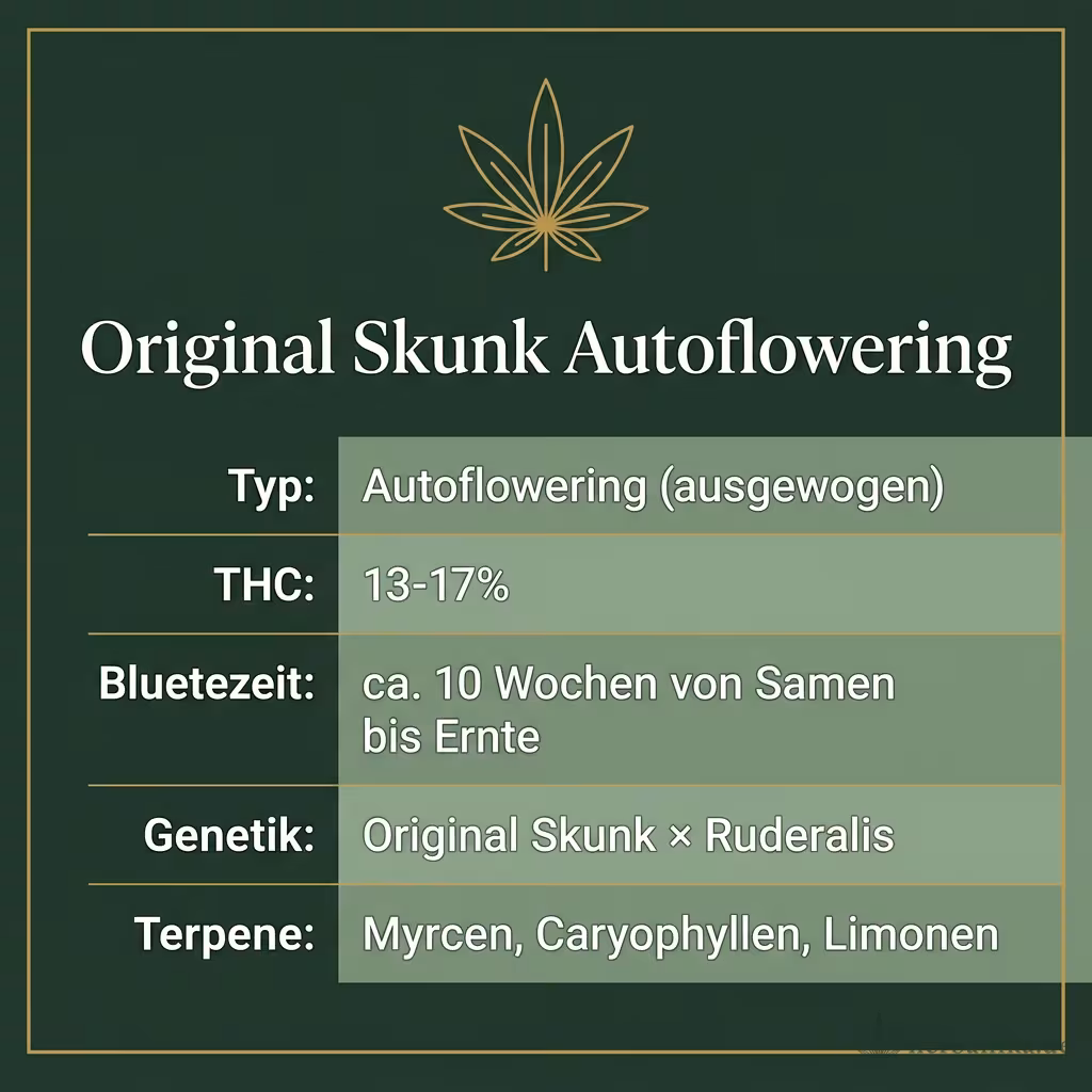 Infografik mit Original Skunk Autoflowering Key Facts: Typ Autoflowering (ausgewogen), THC 13-17%, Bluetezeit ca. 10 Wochen von Samen bis Ernte, Genetik Original Skunk × Ruderalis und Terpene Myrcen, Caryophyllen, Limonen