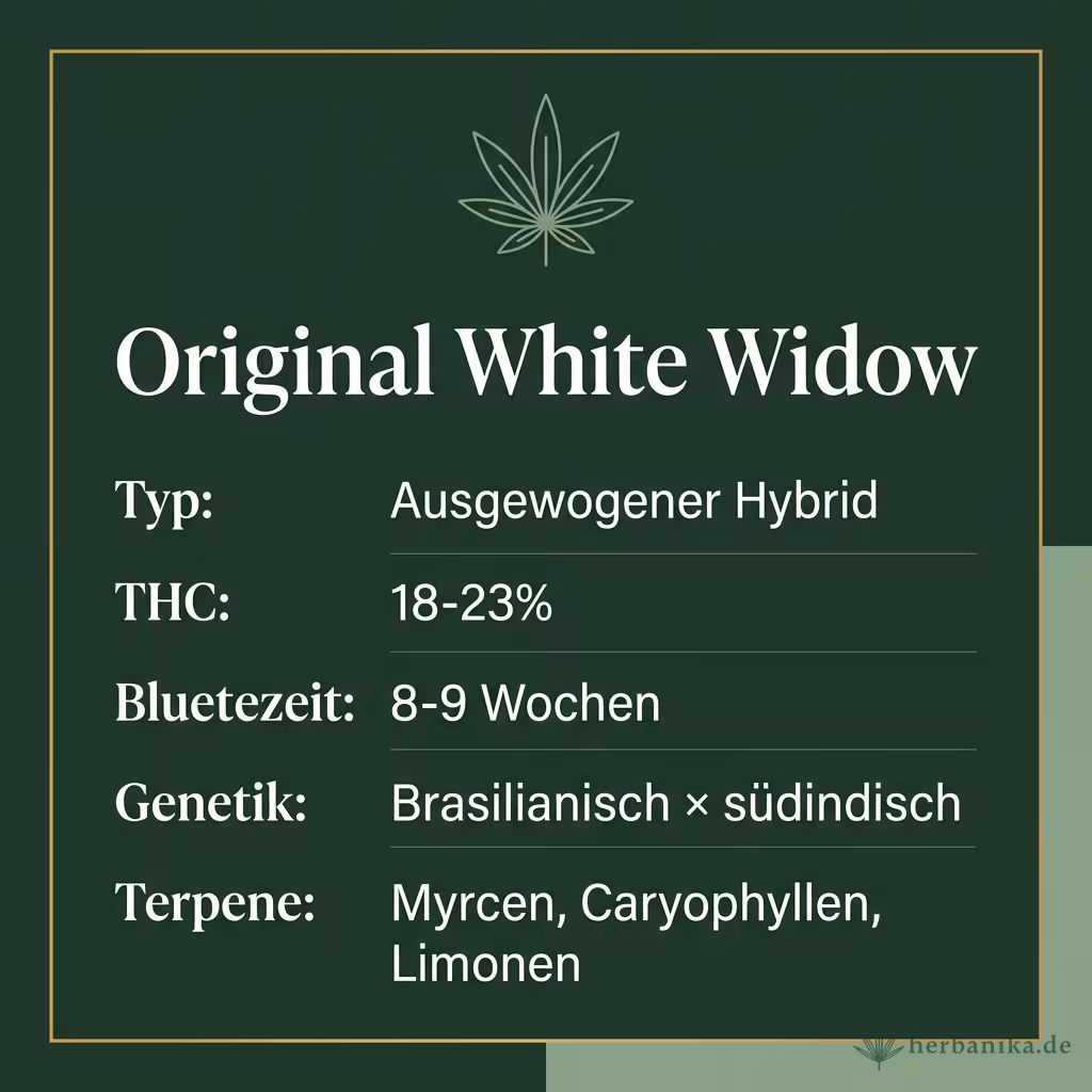 Infografik mit Original White Widow Key Facts: Typ Ausgewogener Hybrid, THC 18-23%, Bluetezeit 8-9 Wochen, Genetik Brasilianisch × südindisch und Terpene Myrcen, Caryophyllen, Limonen