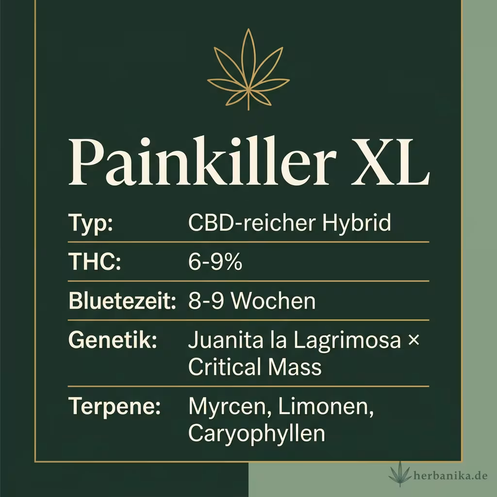 Infografik mit Painkiller XL Key Facts: Typ CBD-reicher Hybrid, THC 6-9%, Bluetezeit 8-9 Wochen, Genetik Juanita la Lagrimosa × Critical Mass und Terpene Myrcen, Limonen, Caryophyllen