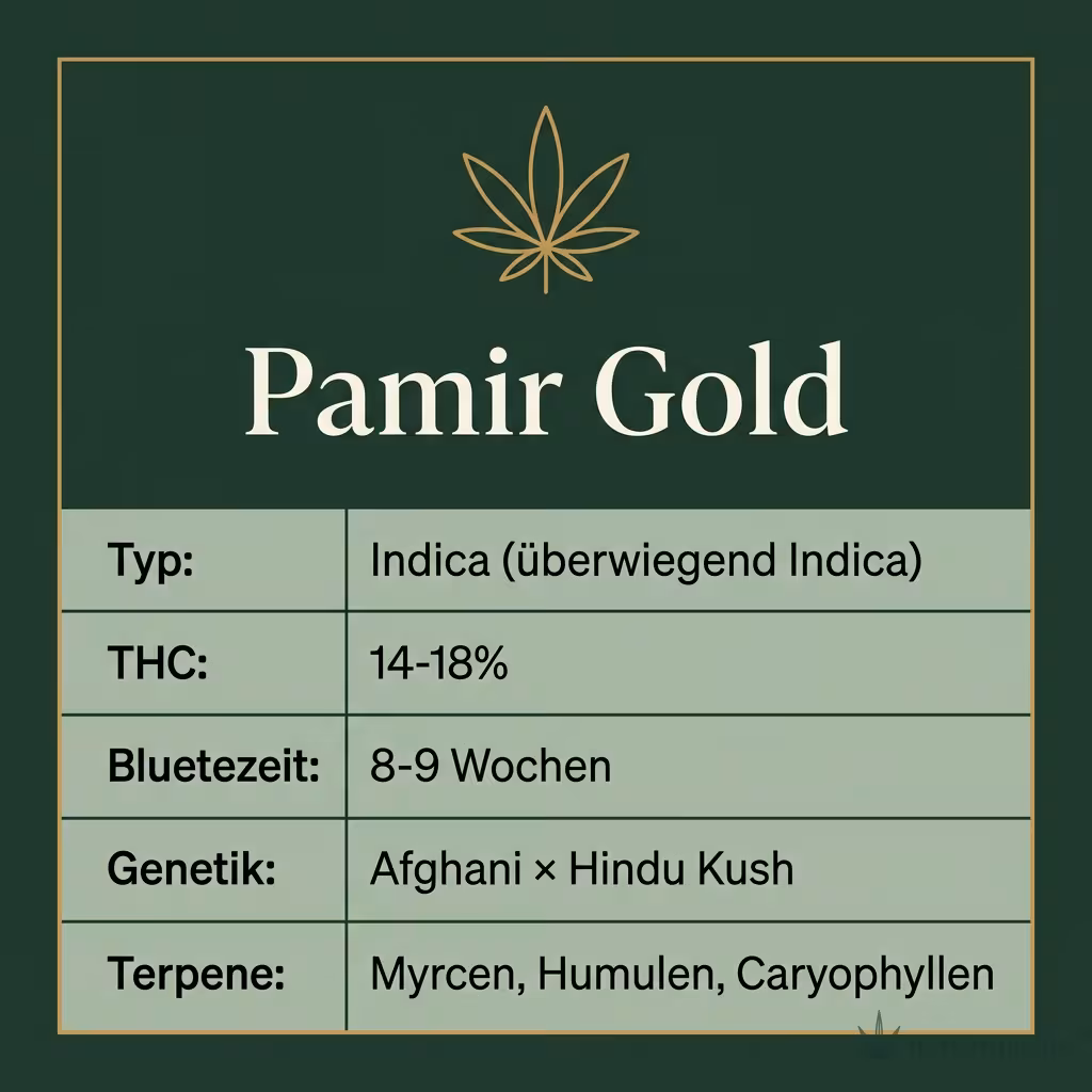 Infografik mit Pamir Gold Key Facts: Typ Indica (überwiegend Indica), THC 14-18%, Bluetezeit 8-9 Wochen, Genetik Afghani × Hindu Kush und Terpene Myrcen, Humulen, Caryophyllen