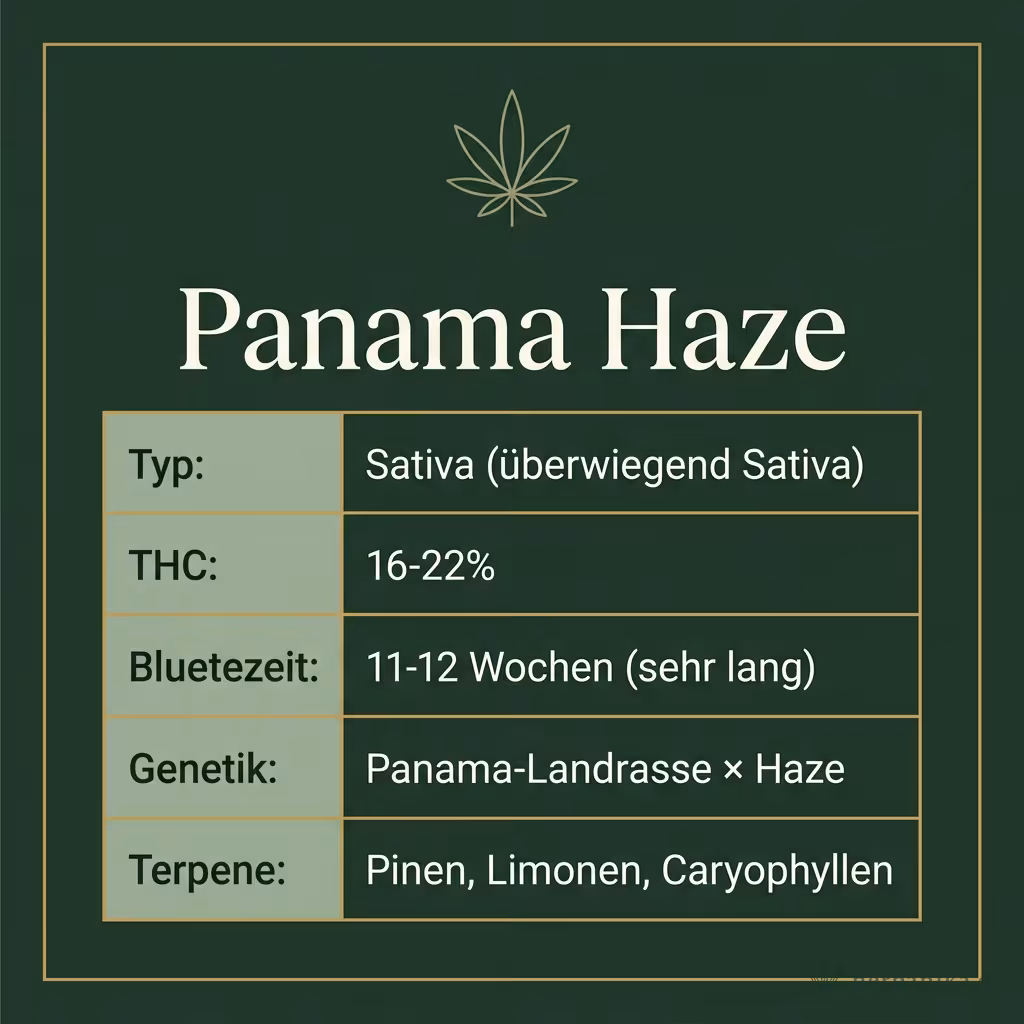 Infografik mit Panama Haze Key Facts: Typ Sativa (überwiegend Sativa), THC 16-22%, Bluetezeit 11-12 Wochen (sehr lang), Genetik Panama-Landrasse × Haze und Terpene Pinen, Limonen, Caryophyllen