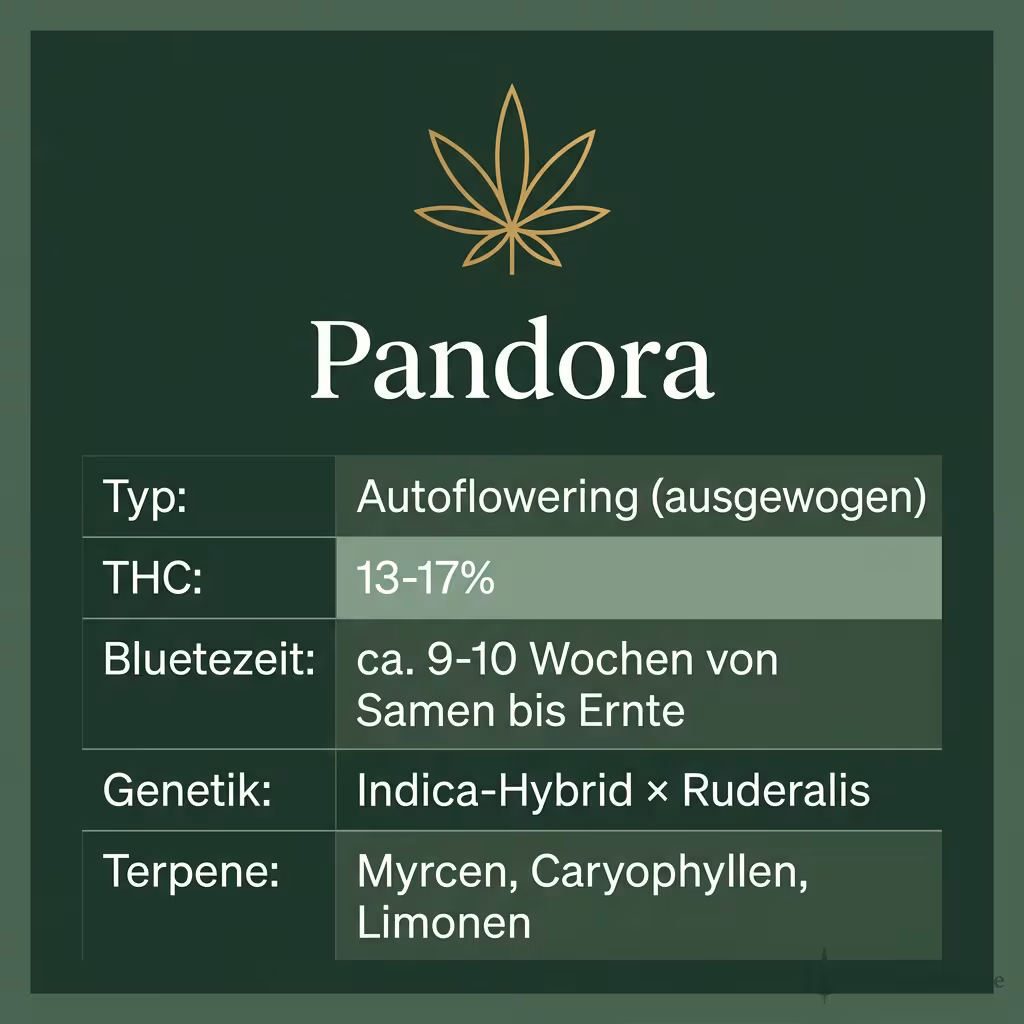Infografik mit Pandora Key Facts: Typ Autoflowering (ausgewogen), THC 13-17%, Bluetezeit ca. 9-10 Wochen von Samen bis Ernte, Genetik Indica-Hybrid × Ruderalis und Terpene Myrcen, Caryophyllen, Limonen