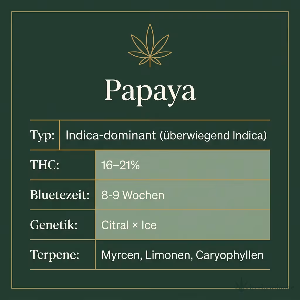 Infografik mit Papaya Key Facts: Typ Indica-dominant (überwiegend Indica), THC 16-21%, Bluetezeit 8-9 Wochen, Genetik Citral × Ice und Terpene Myrcen, Limonen, Caryophyllen