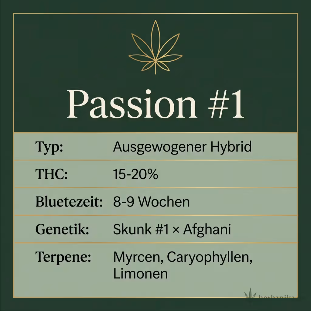Infografik mit Passion #1 Key Facts: Typ Ausgewogener Hybrid, THC 15-20%, Bluetezeit 8-9 Wochen, Genetik Skunk #1 × Afghani und Terpene Myrcen, Caryophyllen, Limonen