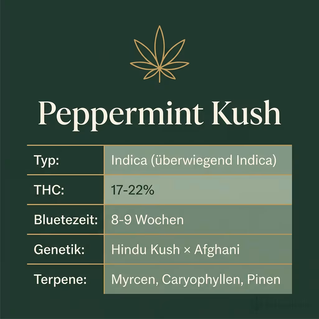Infografik mit Peppermint Kush Key Facts: Typ Indica (überwiegend Indica), THC 17-22%, Bluetezeit 8-9 Wochen, Genetik Hindu Kush × Afghani und Terpene Myrcen, Caryophyllen, Pinen