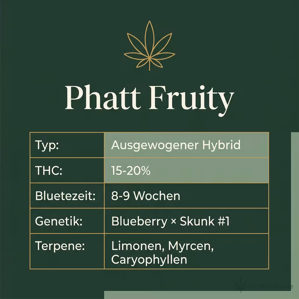 Infografik mit Phatt Fruity Key Facts: Typ Ausgewogener Hybrid, THC 15-20%, Bluetezeit 8-9 Wochen, Genetik Blueberry × Skunk #1 und Terpene Limonen, Myrcen, Caryophyllen