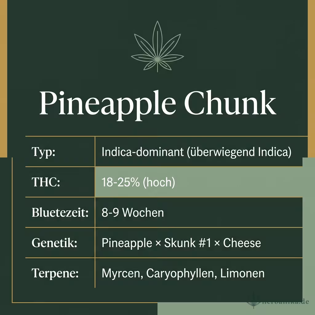Infografik mit Pineapple-Chunk Key Facts: Typ Indica-dominant, THC 18-25%, Bluetezeit 8-9 Wochen, Genetik Pineapple x Skunk 1 x Cheese und Terpene Myrcen, Caryophyllen, Limonen