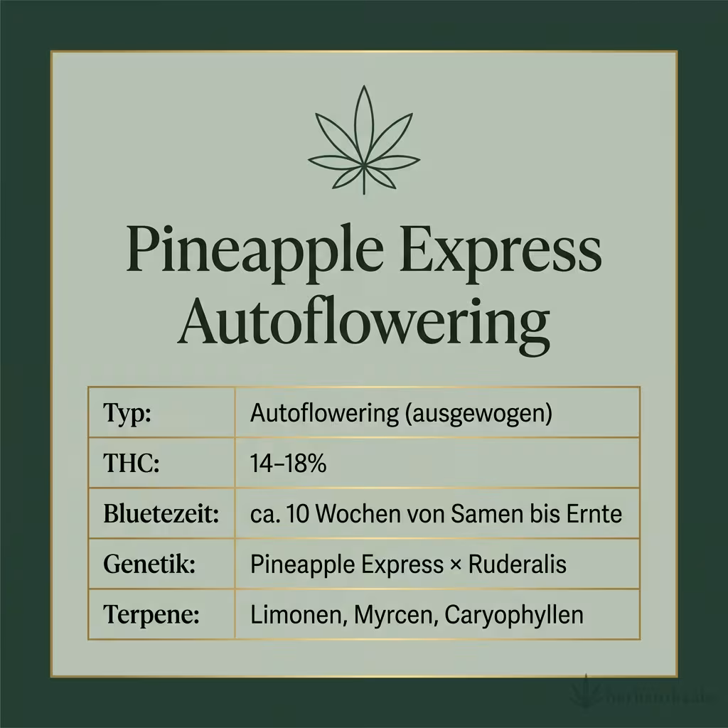 Infografik mit Pineapple Express Autoflowering Key Facts: Typ Autoflowering (ausgewogen), THC 14-18%, Bluetezeit ca. 10 Wochen von Samen bis Ernte, Genetik Pineapple Express × Ruderalis und Terpene Limonen, Myrcen, Caryophyllen
