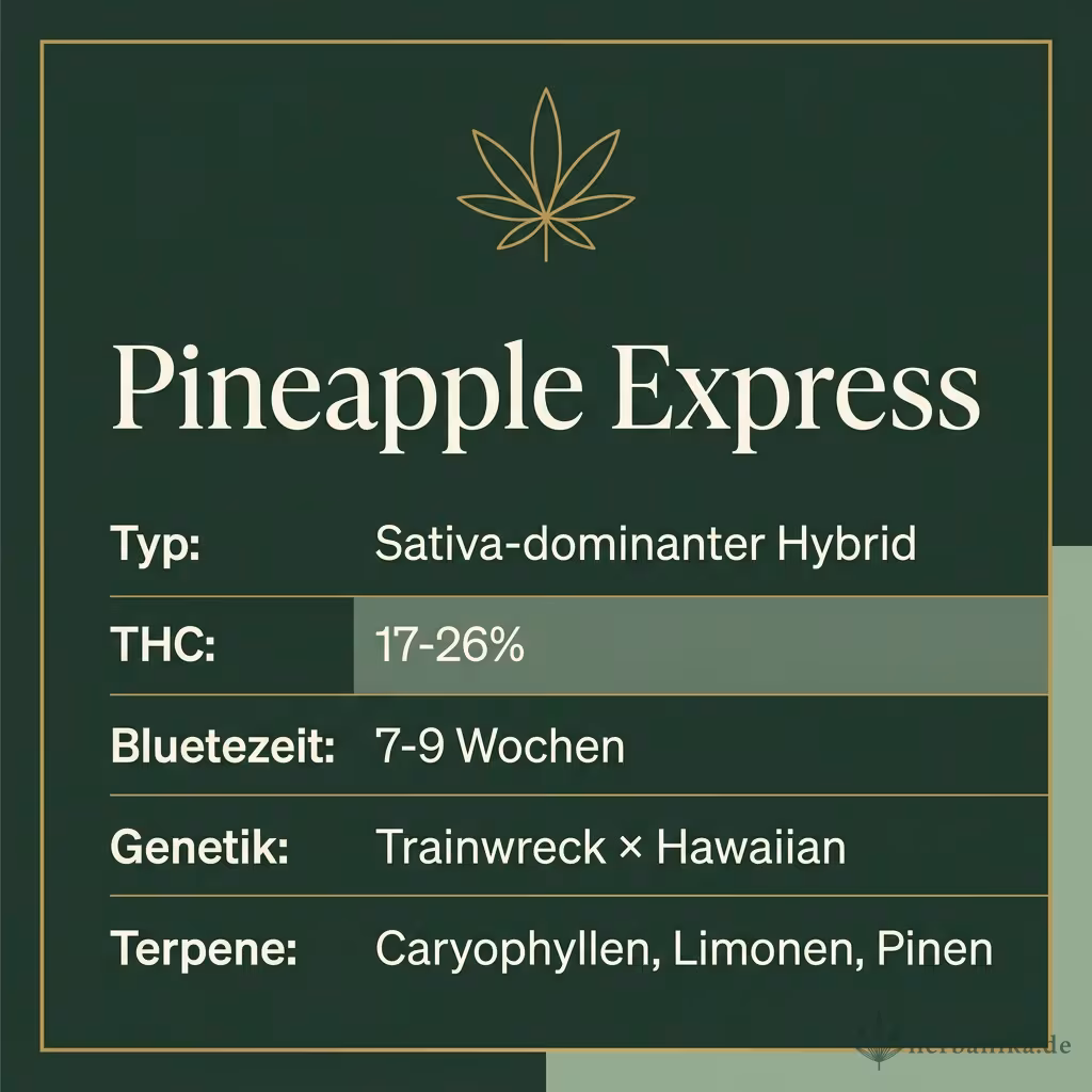 Infografik mit Pineapple-Express Key Facts: Typ Sativa-dominant, THC 17-26%, Bluetezeit 7-9 Wochen, Genetik Trainwreck x Hawaiian und Terpene Caryophyllen, Limonen, Pinen