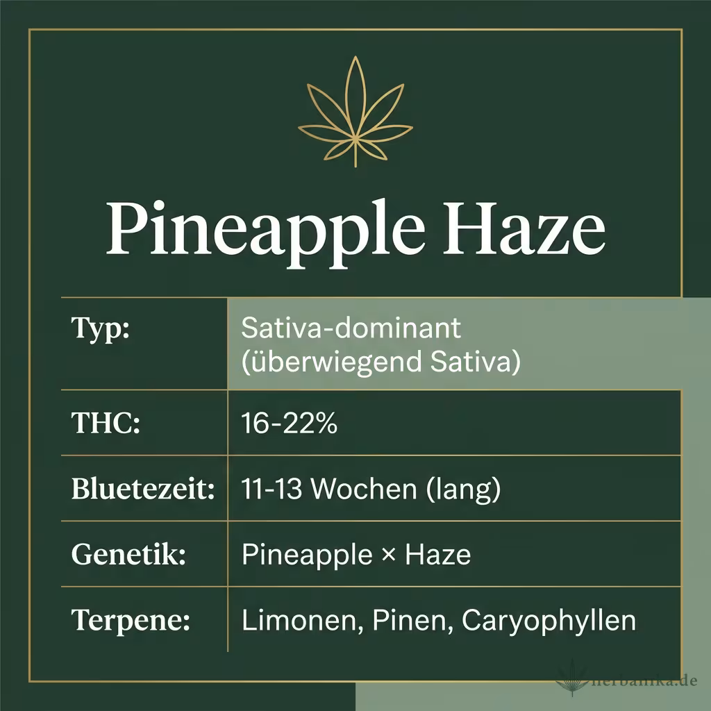Infografik mit Pineapple-Haze Key Facts: Typ Sativa-dominant, THC 16-22%, Bluetezeit 11-13 Wochen, Genetik Pineapple x Haze und Terpene Limonen, Pinen, Caryophyllen