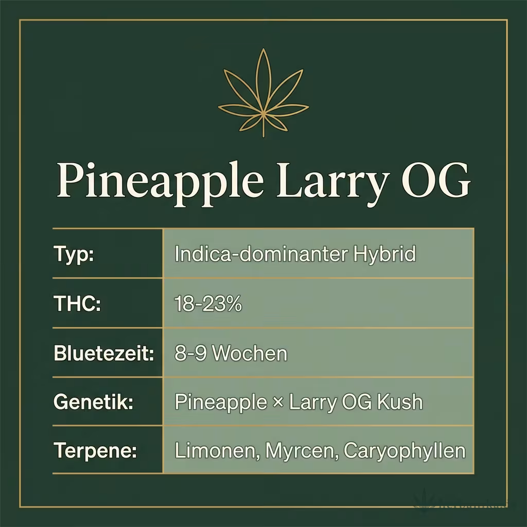 Infografik mit Pineapple Larry OG Key Facts: Typ Indica-dominanter Hybrid, THC 18-23%, Bluetezeit 8-9 Wochen, Genetik Pineapple × Larry OG Kush und Terpene Limonen, Myrcen, Caryophyllen