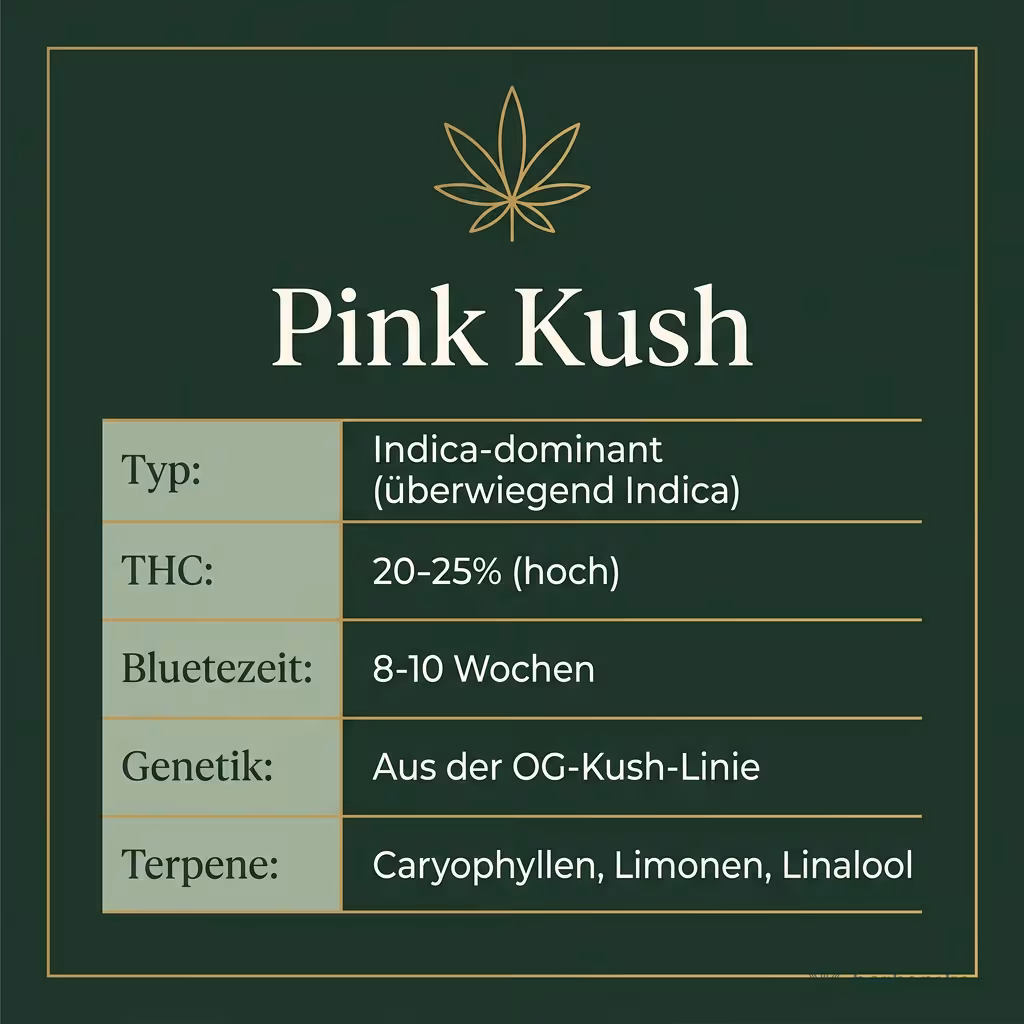 Infografik mit Pink-Kush Key Facts: Typ Indica-dominant, THC 20-25%, Bluetezeit 8-10 Wochen, Genetik OG-Kush-Linie und Terpene Caryophyllen, Limonen, Linalool
