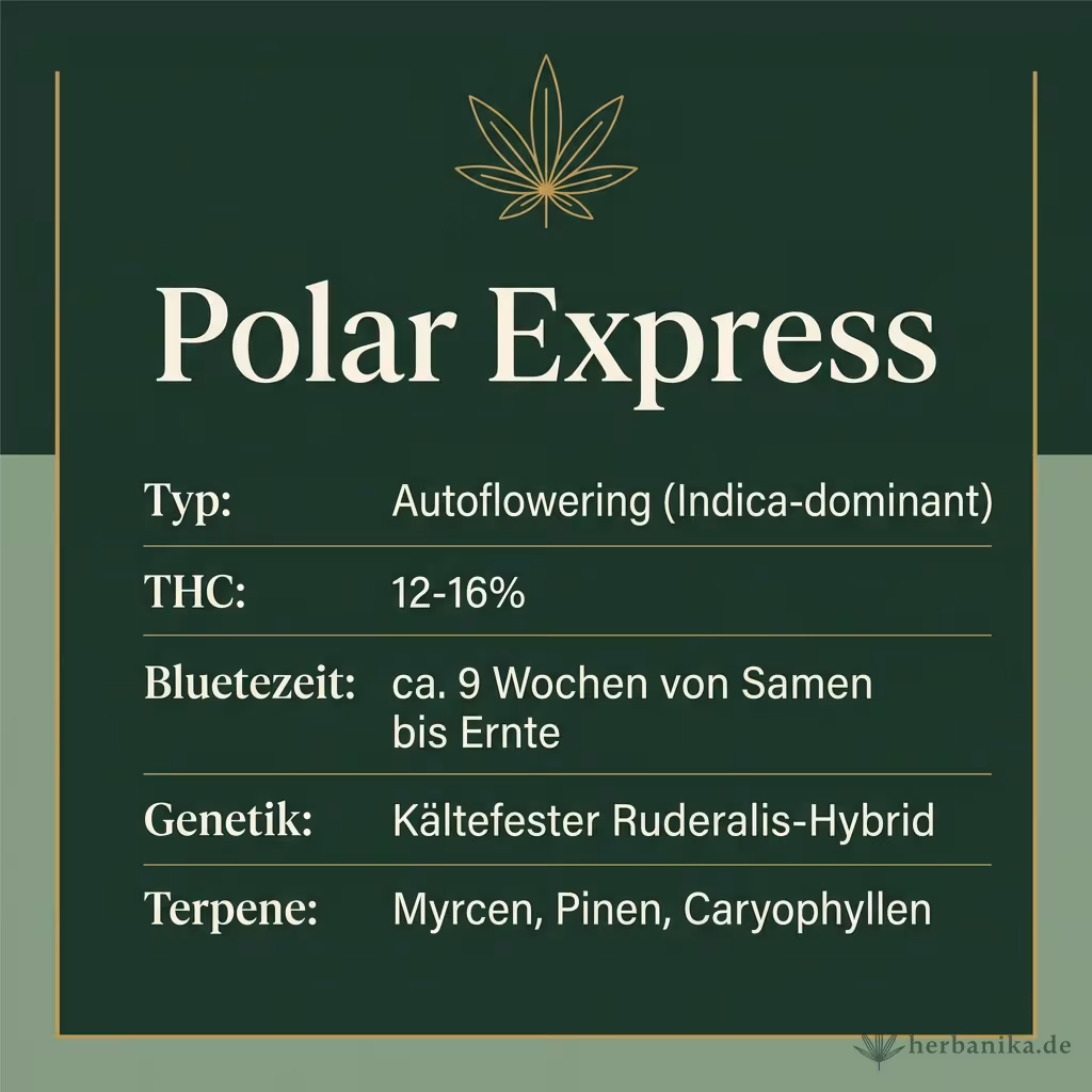 Infografik mit Polar Express Key Facts: Typ Autoflowering (Indica-dominant), THC 12-16%, Bluetezeit ca. 9 Wochen von Samen bis Ernte, Genetik Kältefester Ruderalis-Hybrid und Terpene Myrcen, Pinen, Caryophyllen