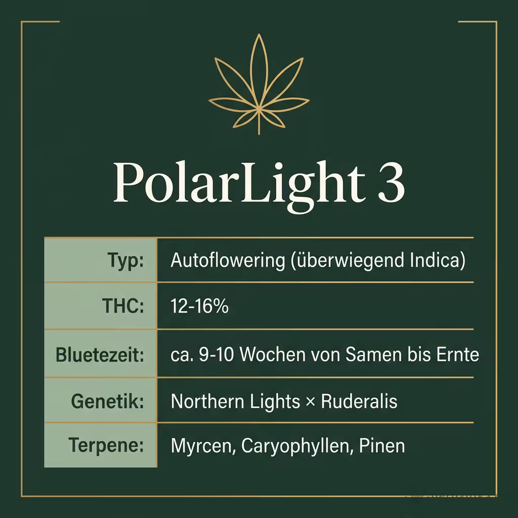 Infografik mit PolarLight 3 Key Facts: Typ Autoflowering (überwiegend Indica), THC 12-16%, Bluetezeit ca. 9-10 Wochen von Samen bis Ernte, Genetik Northern Lights × Ruderalis und Terpene Myrcen, Caryophyllen, Pinen