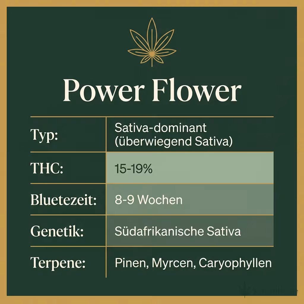 Infografik mit Power Flower Key Facts: Typ Sativa-dominant (überwiegend Sativa), THC 15-19%, Bluetezeit 8-9 Wochen, Genetik Südafrikanische Sativa und Terpene Pinen, Myrcen, Caryophyllen