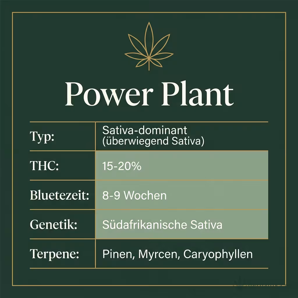 Infografik mit Power-Plant Key Facts: Typ Sativa-dominant, THC 15-20%, Bluetezeit 8-9 Wochen, Genetik südafrikanische Sativa und Terpene Pinen, Myrcen, Caryophyllen