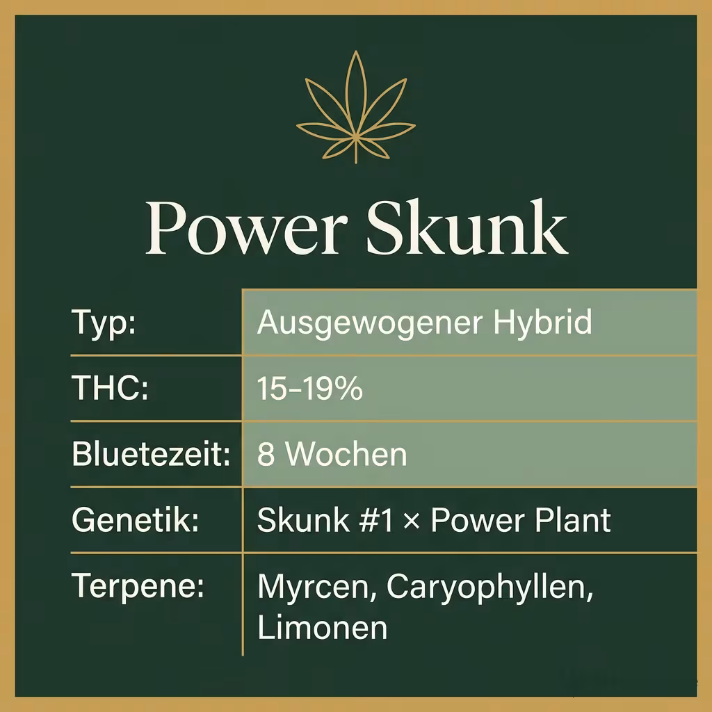Infografik mit Power Skunk Key Facts: Typ Ausgewogener Hybrid, THC 15-19%, Bluetezeit 8 Wochen, Genetik Skunk #1 × Power Plant und Terpene Myrcen, Caryophyllen, Limonen