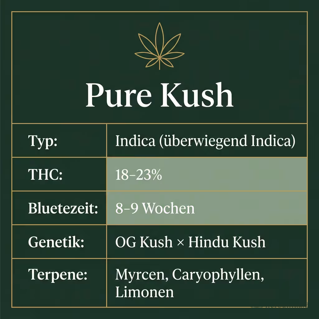 Infografik mit Pure Kush Key Facts: Typ Indica (überwiegend Indica), THC 18-23%, Bluetezeit 8-9 Wochen, Genetik OG Kush × Hindu Kush und Terpene Myrcen, Caryophyllen, Limonen