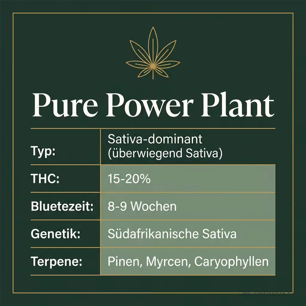 Infografik mit Pure Power Plant Key Facts: Typ Sativa-dominant (überwiegend Sativa), THC 15-20%, Bluetezeit 8-9 Wochen, Genetik Südafrikanische Sativa und Terpene Pinen, Myrcen, Caryophyllen