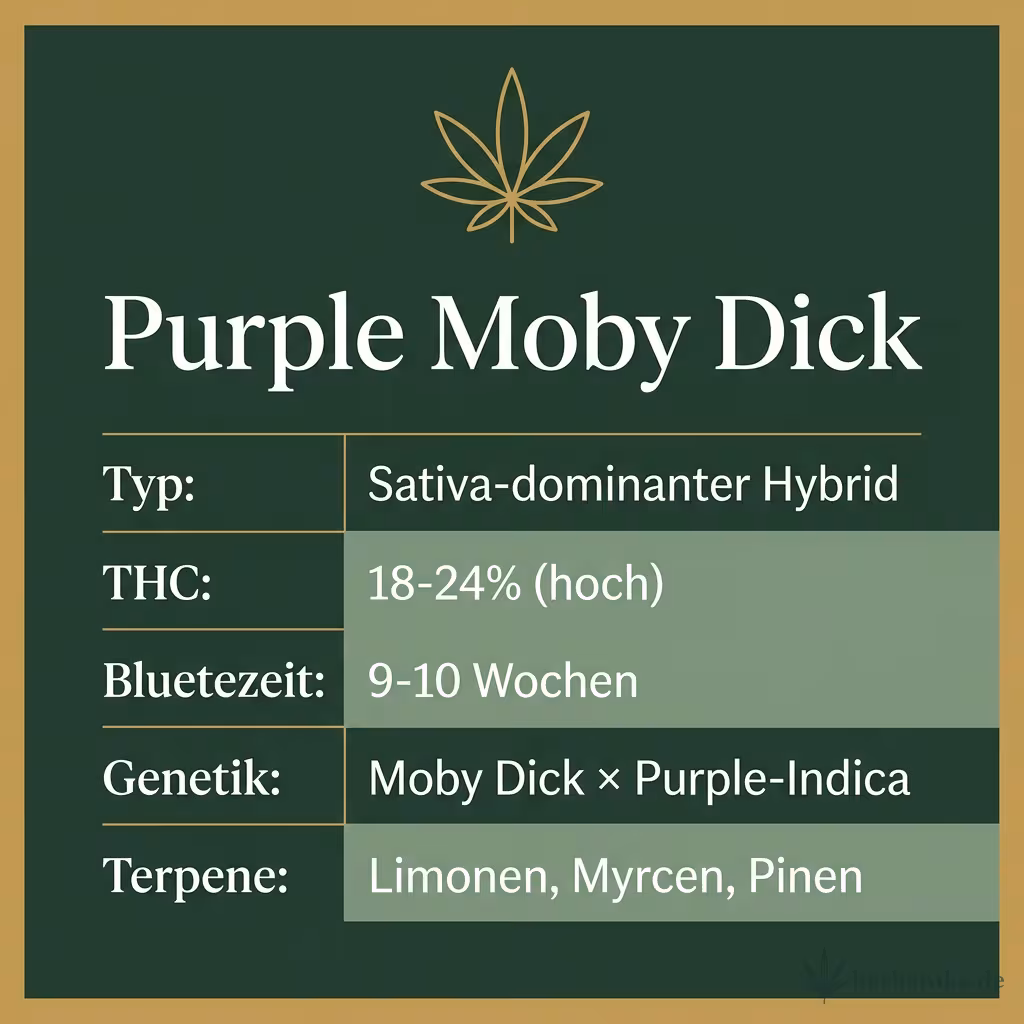 Infografik mit Purple Moby Dick Key Facts: Typ Sativa-dominanter Hybrid, THC 18-24% (hoch), Bluetezeit 9-10 Wochen, Genetik Moby Dick × Purple-Indica und Terpene Limonen, Myrcen, Pinen