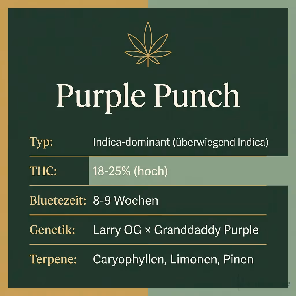 Infografik mit Purple-Punch Key Facts: Typ Indica-dominant, THC 18-25%, Bluetezeit 8-9 Wochen, Genetik Larry OG x Granddaddy Purple und Terpene Caryophyllen, Limonen, Pinen