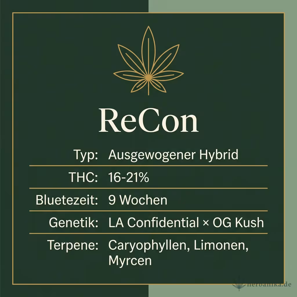 Infografik mit ReCon Key Facts: Typ Ausgewogener Hybrid, THC 16-21%, Bluetezeit 9 Wochen, Genetik LA Confidential × OG Kush und Terpene Caryophyllen, Limonen, Myrcen