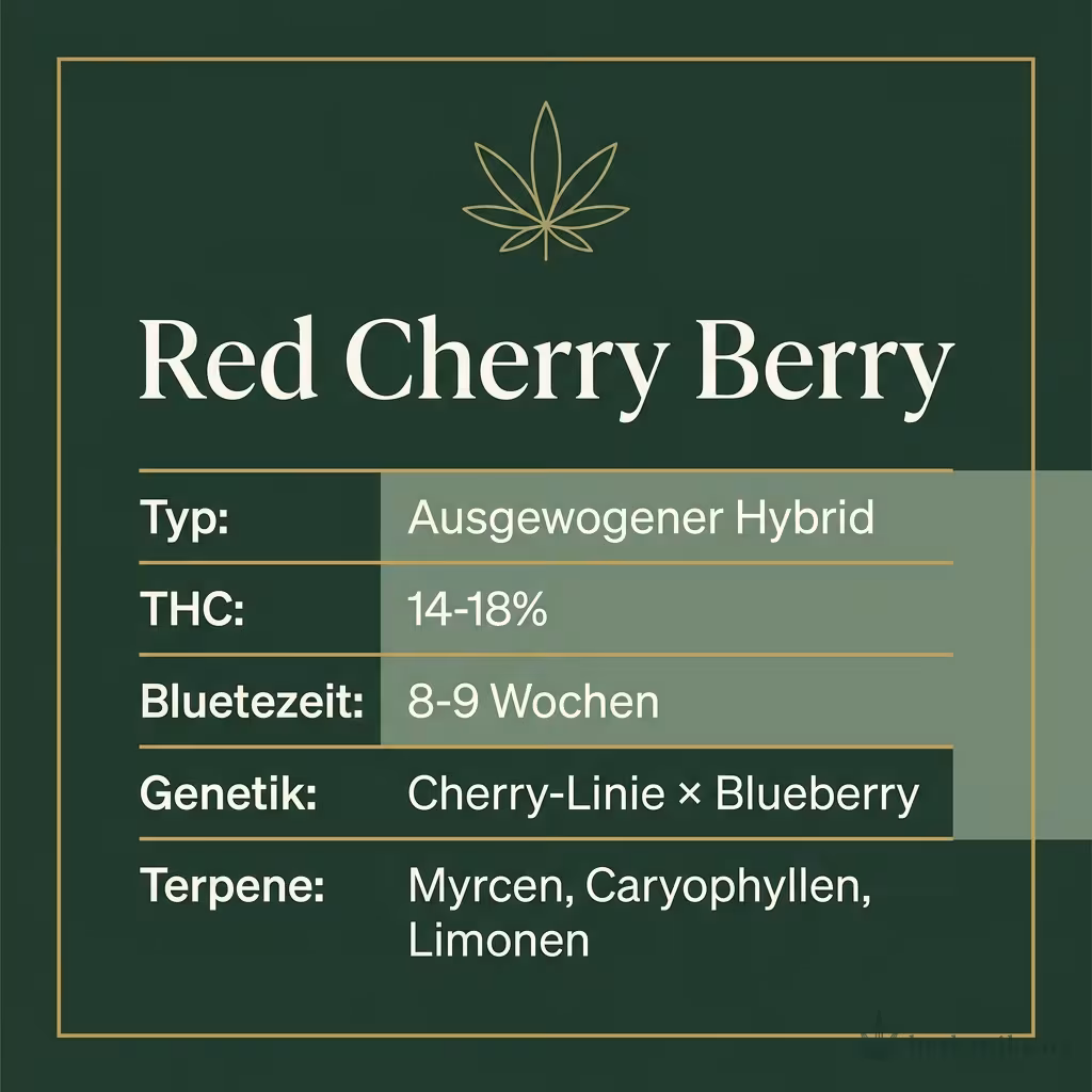 Infografik mit Red Cherry Berry Key Facts: Typ Ausgewogener Hybrid, THC 14-18%, Bluetezeit 8-9 Wochen, Genetik Cherry-Linie × Blueberry und Terpene Myrcen, Caryophyllen, Limonen