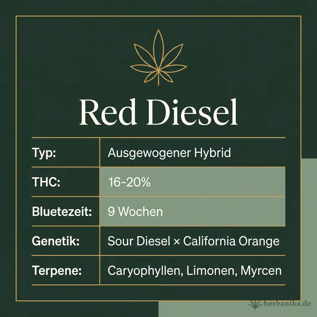 Infografik mit Red Diesel Key Facts: Typ Ausgewogener Hybrid, THC 16-20%, Bluetezeit 9 Wochen, Genetik Sour Diesel × California Orange und Terpene Caryophyllen, Limonen, Myrcen
