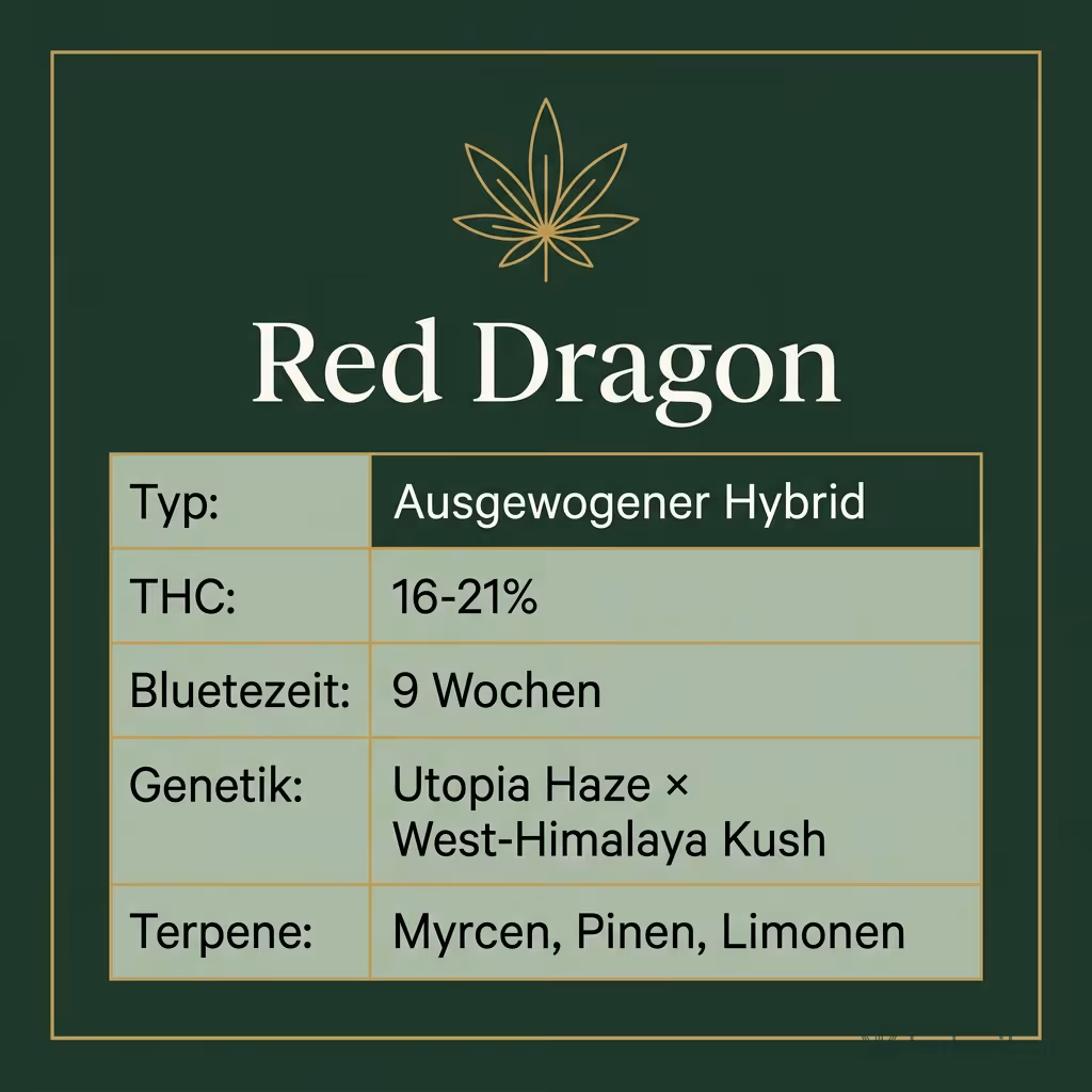 Infografik mit Red Dragon Key Facts: Typ Ausgewogener Hybrid, THC 16-21%, Bluetezeit 9 Wochen, Genetik Utopia Haze × West-Himalaya Kush und Terpene Myrcen, Pinen, Limonen