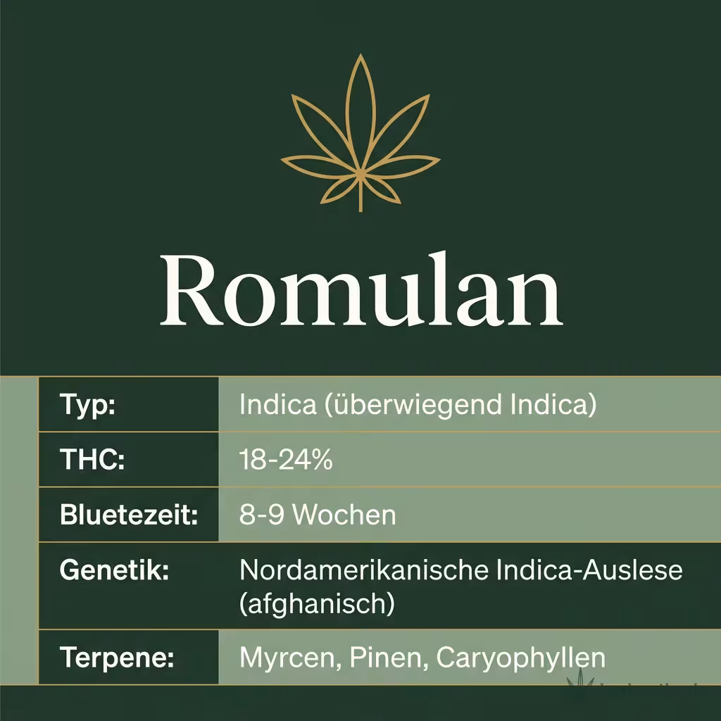 Infografik mit Romulan Key Facts: Typ Indica (überwiegend Indica), THC 18-24%, Bluetezeit 8-9 Wochen, Genetik Nordamerikanische Indica-Auslese (afghanisch) und Terpene Myrcen, Pinen, Caryophyllen