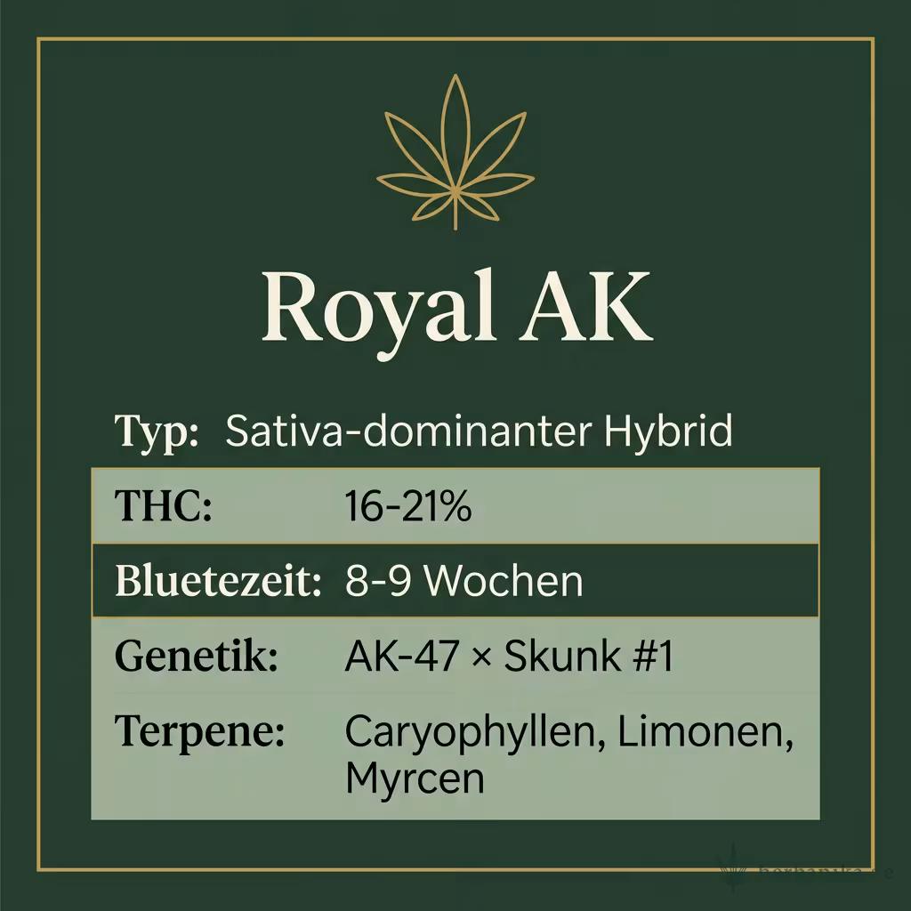 Infografik mit Royal AK Key Facts: Typ Sativa-dominanter Hybrid, THC 16-21%, Bluetezeit 8-9 Wochen, Genetik AK-47 × Skunk #1 und Terpene Caryophyllen, Limonen, Myrcen