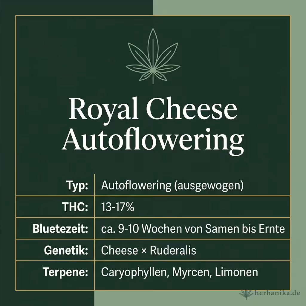 Infografik mit Royal Cheese Autoflowering Key Facts: Typ Autoflowering (ausgewogen), THC 13-17%, Bluetezeit ca. 9-10 Wochen von Samen bis Ernte, Genetik Cheese × Ruderalis und Terpene Caryophyllen, Myrcen, Limonen