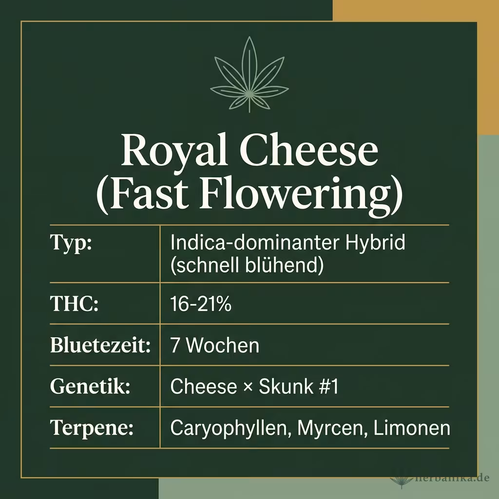 Infografik mit Royal Cheese (Fast Flowering) Key Facts: Typ Indica-dominanter Hybrid (schnell blühend), THC 16-21%, Bluetezeit 7 Wochen, Genetik Cheese × Skunk #1 und Terpene Caryophyllen, Myrcen, Limonen