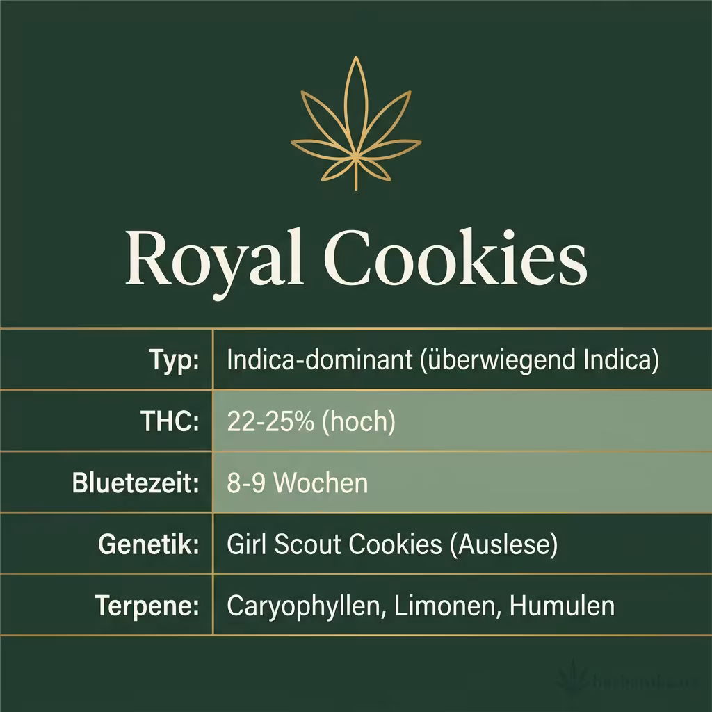Infografik mit Royal Cookies Key Facts: Typ Indica-dominant (überwiegend Indica), THC 22-25% (hoch), Bluetezeit 8-9 Wochen, Genetik Girl Scout Cookies (Auslese) und Terpene Caryophyllen, Limonen, Humulen