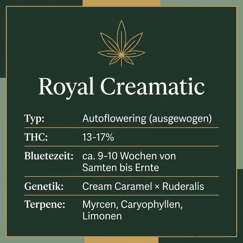 Infografik mit Royal Creamatic Key Facts: Typ Autoflowering (ausgewogen), THC 13-17%, Bluetezeit ca. 9-10 Wochen von Samen bis Ernte, Genetik Cream Caramel × Ruderalis und Terpene Myrcen, Caryophyllen, Limonen
